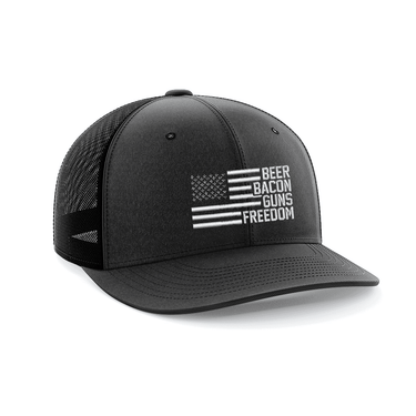 Beer, Gun's, Bacon Embroidered Trucker Hat Hat Greater Half Heather Black/Black